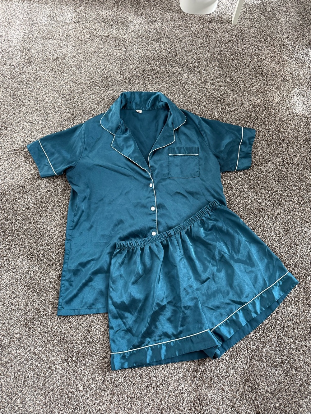 Amazon Teal Satin Short Sleeve Pajama Set with Contrast Piping